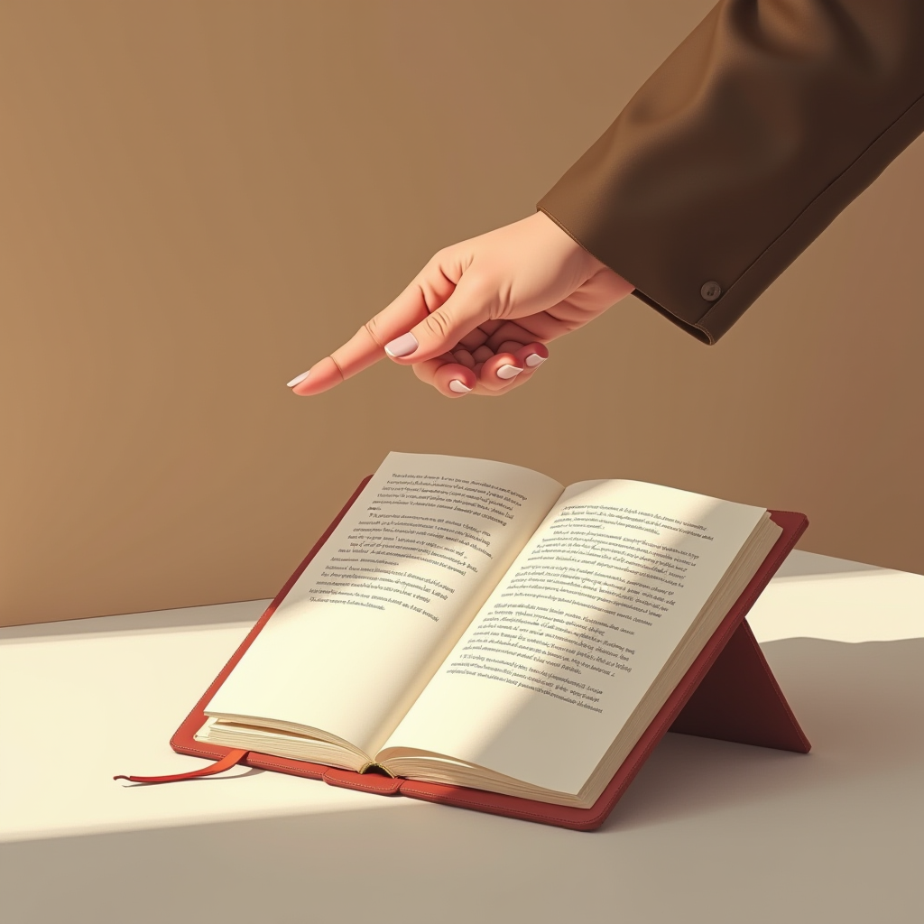 A hand pointing at an open book on a table with natural lighting.