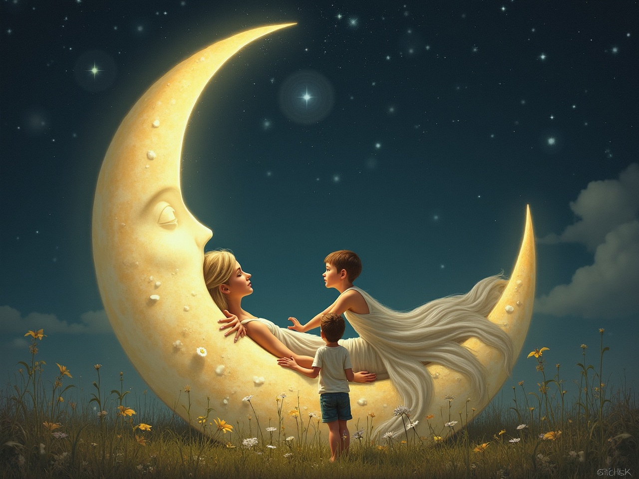 The image portrays a serene and magical scene with a crescent moon featuring a calm face, cradling a mother with a flowing gown and her child. They are set amidst a field of wildflowers, under a sky full of stars, evoking a dreamy, fairy-tale atmosphere. The gentle lighting enhances the mystic and peaceful essence of the composition.