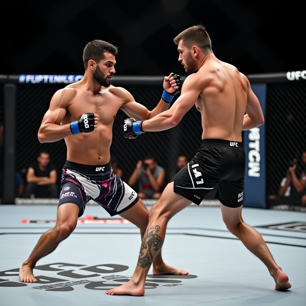 UFC fighters in the octagon engaging in a fight. Fighters are in Wing Chun combat stance. Action is intense. Focus on their posture and readiness for combat. The venue is the UFC arena.