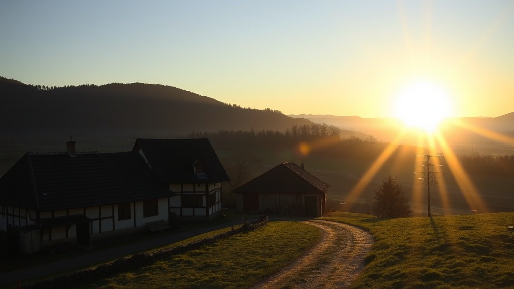 A picturesque sunrise illuminates a rural landscape with cozy houses and rolling hills.