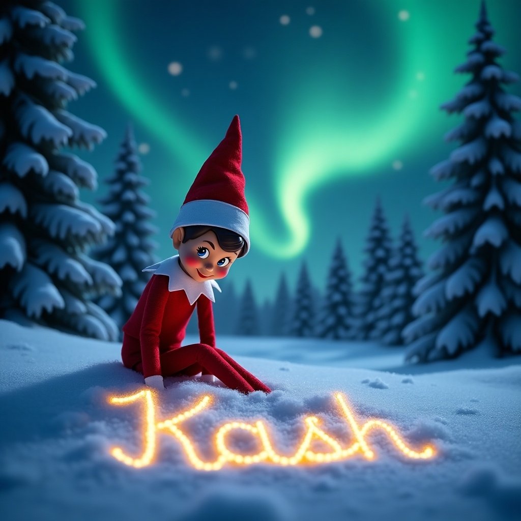 Animated elf in red outfit sits in snow, writing name 'Kash' in cursive, illuminated. Background features vibrant northern lights, surrounded by snow-covered pine trees.