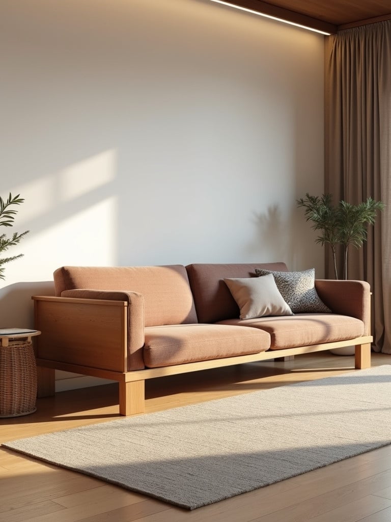 Wooden low height Japanese type sofa design 6 ft wide L shape. Sofa is placed in a bright room with soft lighting. Natural elements like plants are visible. The sofa has comfortable cushions and a simple modern look.