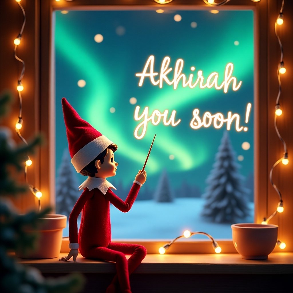 A charming elf dressed in red and white stands by a window. Northern lights create a magical backdrop. The elf holds a wand writing 'Akhirah you soon!' in glowing script. The window is decorated for Christmas.