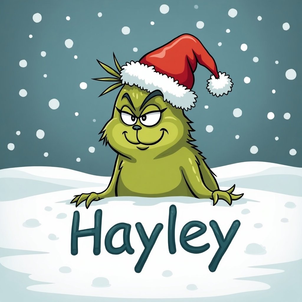 Cartoon grinch in a Santa hat writes the name Hayley in the snow. Scene has falling snowflakes and a winter background.