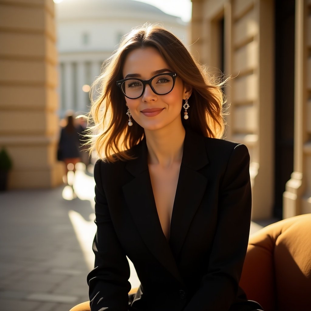 Image of a woman sitting outdoors on a brown sofa. She wears a black dress and stockings. The woman has long flowing hair and glasses, giving an elegant look. Soft golden light highlights her serene expression. Background features classic architecture.