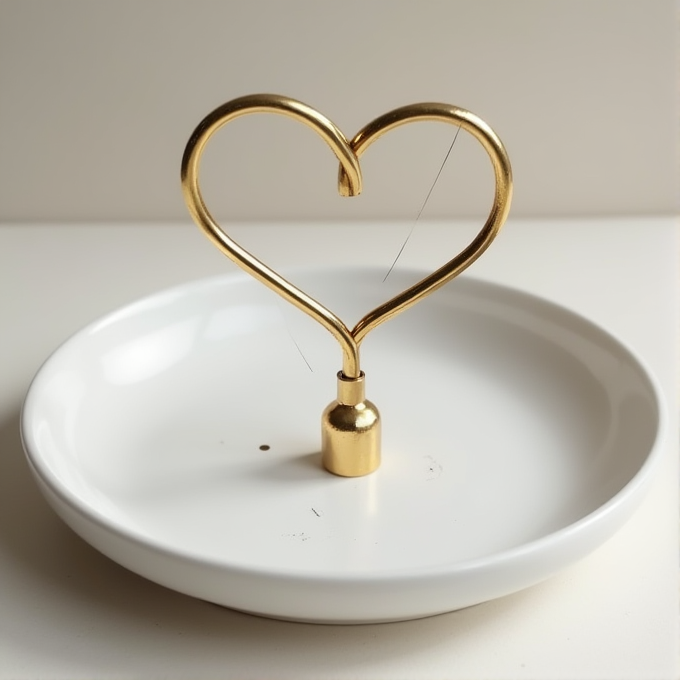 A gold metallic heart-shaped sculpture stands on a clean, white dish against a plain background.