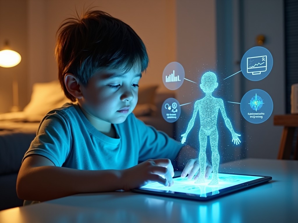 Design an immersive scene where a young student sits at home, engaging with an AI-powered tutor displayed on a sleek holographic tablet. The AI tutor is depicted as a dynamic, human-like figure made of digital particles, constantly adjusting to the student's progress. Surround the student with visual cues of personalized learning – interactive 3D diagrams, pop-up explanations, and evolving progress graphs. The environment should feel modern and high-tech, with a warm, engaging atmosphere that highlights the AI's ability to provide tailored support.