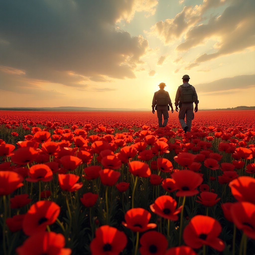 A scenic view of beautiful poppy fields featuring soldiers walking. The atmosphere is serene and evocative. The sun is setting on the horizon, illuminating the landscape.