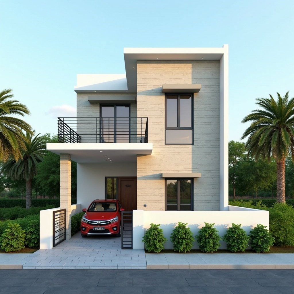 Modern 2 BHK house front elevation design. House features car in the garage. Surrounded by green shrubs and trees.