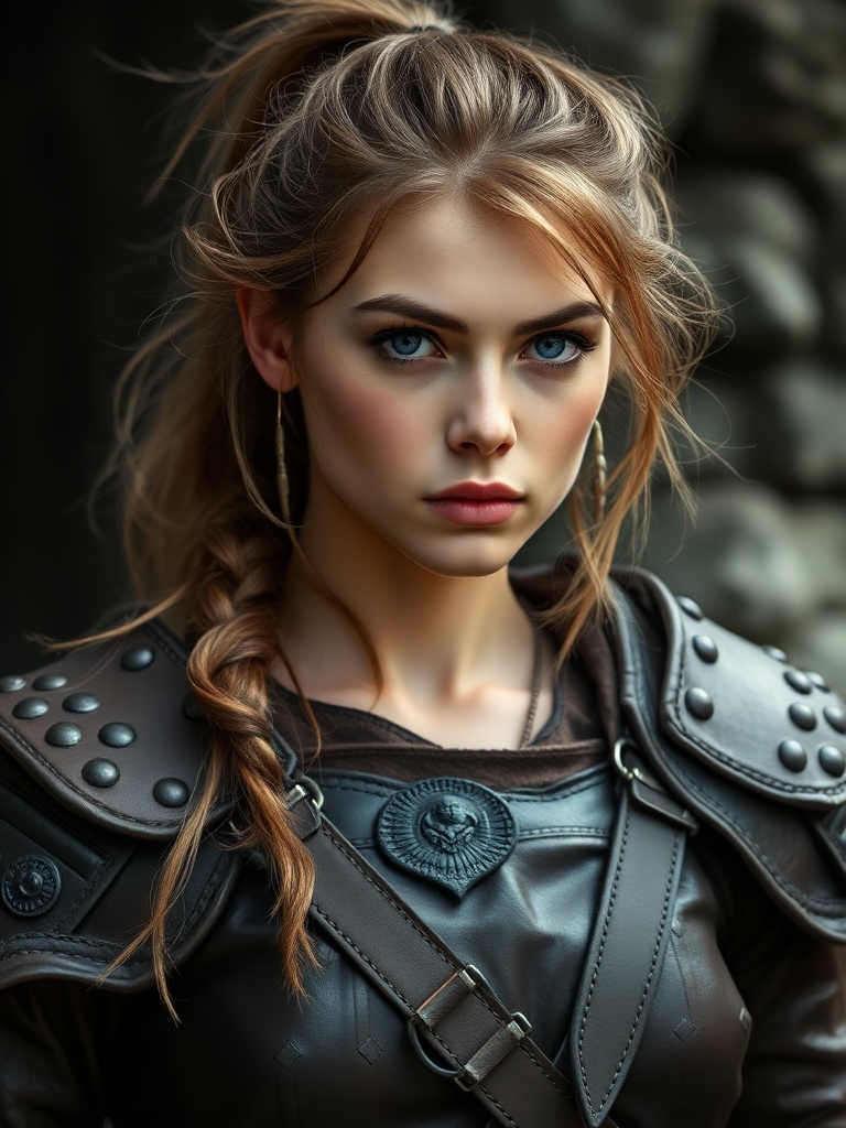 A female warrior with a determined expression wearing medieval armor, background blurred.