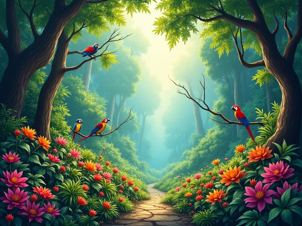 The image depicts a vibrant jungle filled with an array of colorful flowers and towering trees. The scene is alive with the presence of several parrots perched on branches. A winding stone path leads through the lush greenery, inviting viewers to explore deeper into the forest. Sunlight filters through the canopy, creating a magical atmosphere of peace and harmony in nature. This landscape showcases the beauty of biodiversity and the richness of tropical ecosystems.