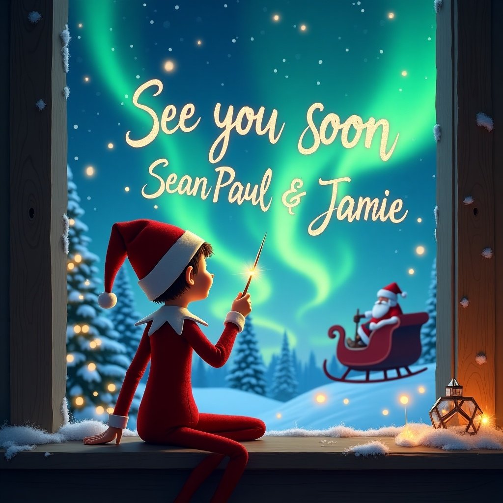 The scene depicts an elf on the shelf, sitting by a window with his back to the viewer. He is using a wand to magically write 'See you soon Sean Paul & Jamie' in the sky. The background features a magical Christmas setting with vibrant northern lights illuminating the night sky. In the distance, Santa Claus is seen on his sleigh. The overall atmosphere is warm and inviting, perfect for the holiday spirit.