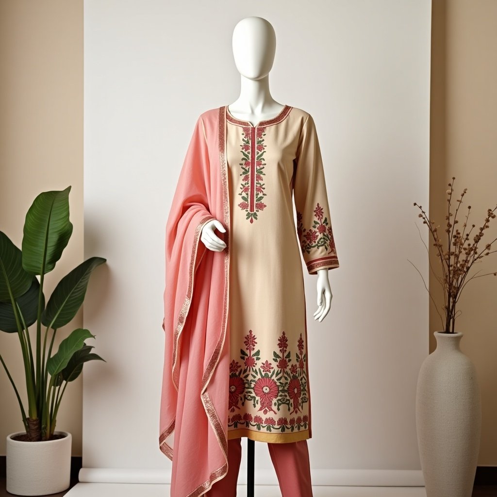 Mannequin dressed in elegant traditional outfit. Light beige kurta with floral patterns in red and green. Matching pink dupatta draped over shoulder. Soft neutral backdrop with minimal decor. Decorative plant in pot and modern vase.