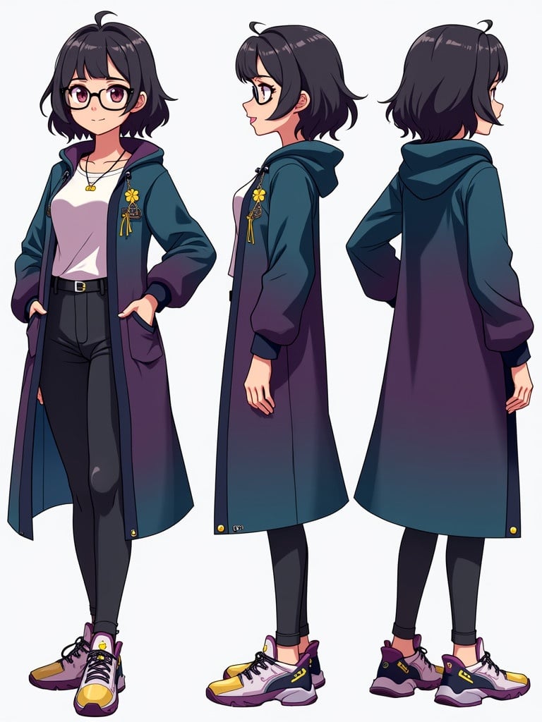 Character design in anime style featuring a woman with smart features. She wears a deep purple jacket with gold accents, skinny jeans, and unique sneakers. She holds a digital device indicative of a programming role. Front and side views highlight her approachable personality.