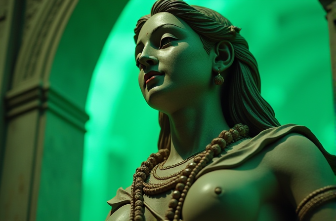 A detailed statue of a woman is illuminated by a green light, creating a serene atmosphere.