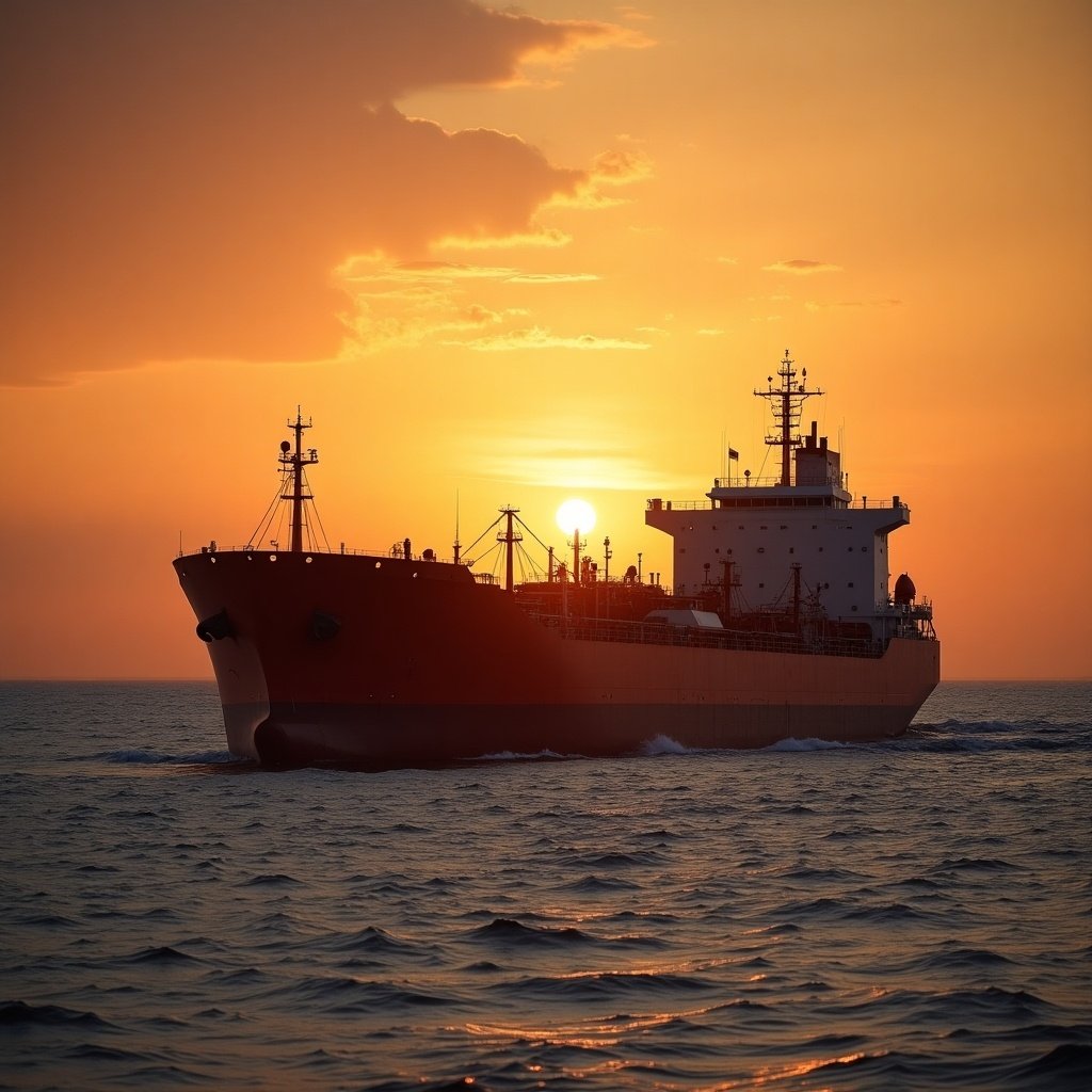 Tanker ship sailing on ocean at sunrise. Ship silhouetted against warm sky. Calm water reflects light. Beautiful maritime scene.