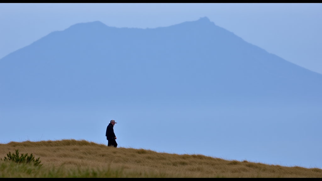 A lone figure walks across a grassy field with a hazy mountain in the background under a muted blue sky.