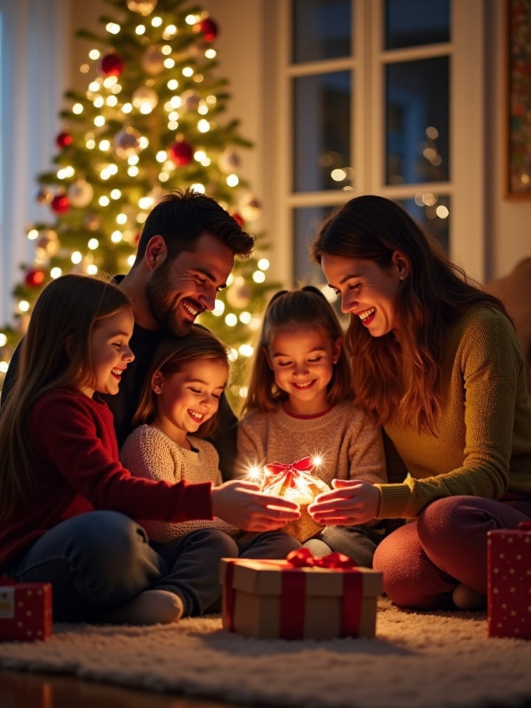 Family enjoys Christmas Eve together exchanging gifts on a cozy rug. Brightly lit Christmas tree in background. Gifts around the room. Warm and inviting atmosphere.