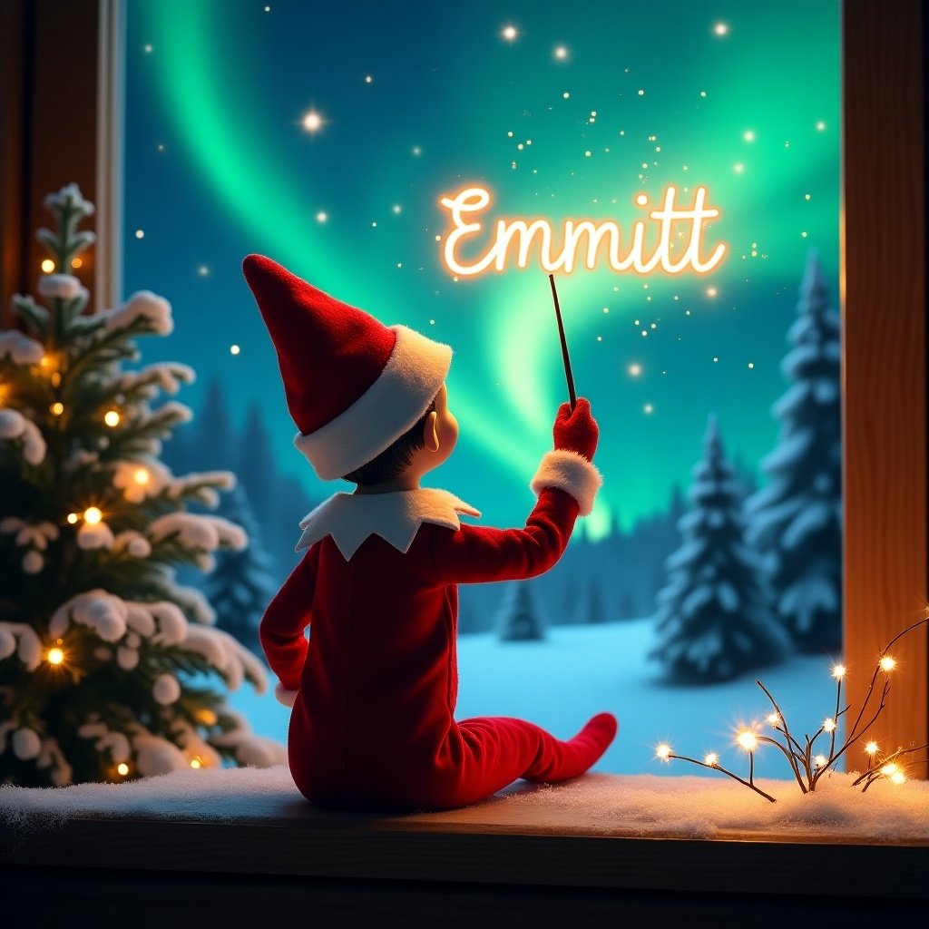 An enchanting Christmas scene featuring an elf on the shelf. The elf, dressed in festive red and white attire, faces the sky with his back to the viewer. He wields a magic wand, creating a glowing script that spells 'Emmitt' above him. The backdrop showcases vibrant northern lights illuminating the winter landscape. The scene is adorned with holiday decorations, capturing the spirit of Christmas with a whimsical twist. The position and action of the elf evoke a sense of wonder and excitement, embodying the joy of the holiday season.