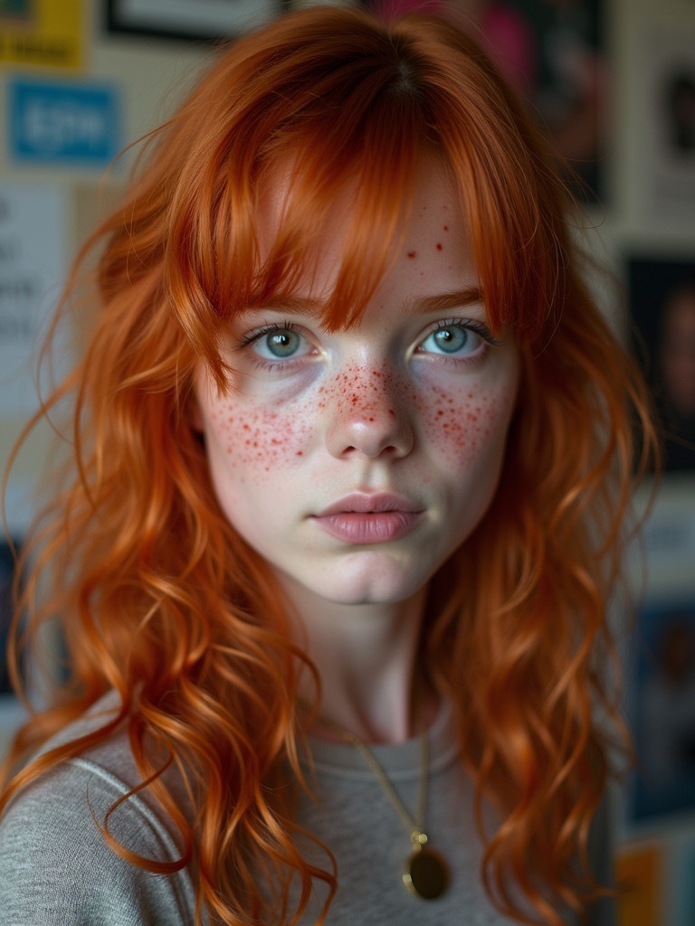 A close-up image features a girl with vibrant red hair and visible freckles. The background consists of blurred text and images, providing a soft contrast to the main subject.