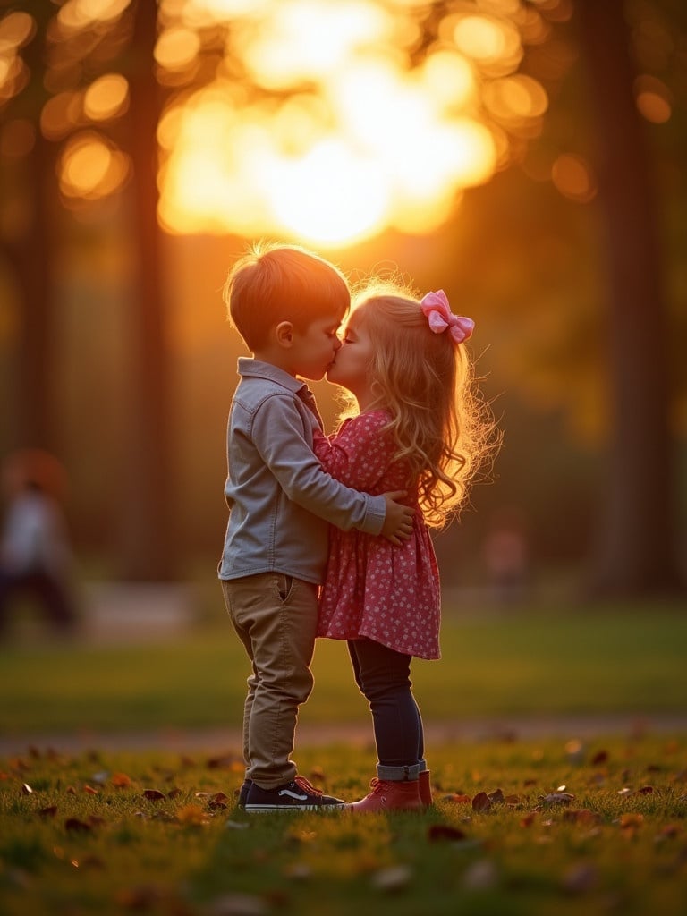 A girl and a boy share a kiss in a park during sunset. The warm light from the setting sun creates a beautiful atmosphere. The children are close together looking happy.