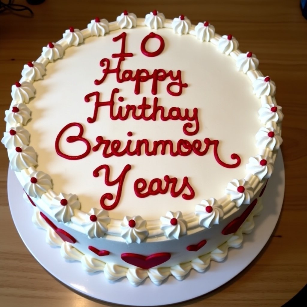 Celebration cake for a volunteer Blood Donors Organization. Cake features white icing with red lettering. Says '10 Happy Hinthay Breinmoer Years'. Decorated with swirls and red dots.