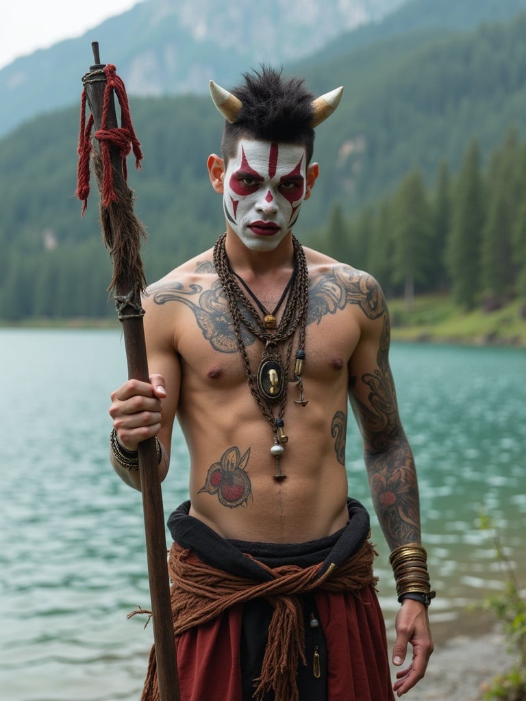 EXO’s Chen features face paint and tattoos. He stands by a lake. He holds a wooden staff. The background shows lush greenery and a mountainous landscape.