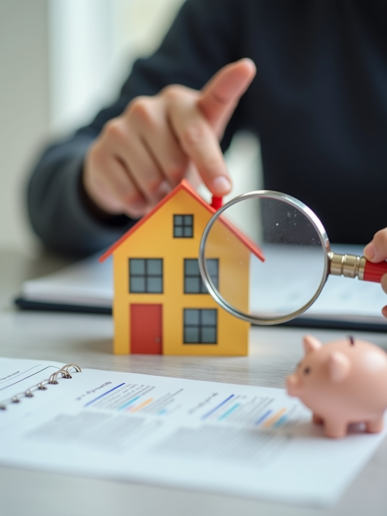 A person uses a magnifying glass to closely examine a small model house, with a piggy bank and financial documents in the foreground.