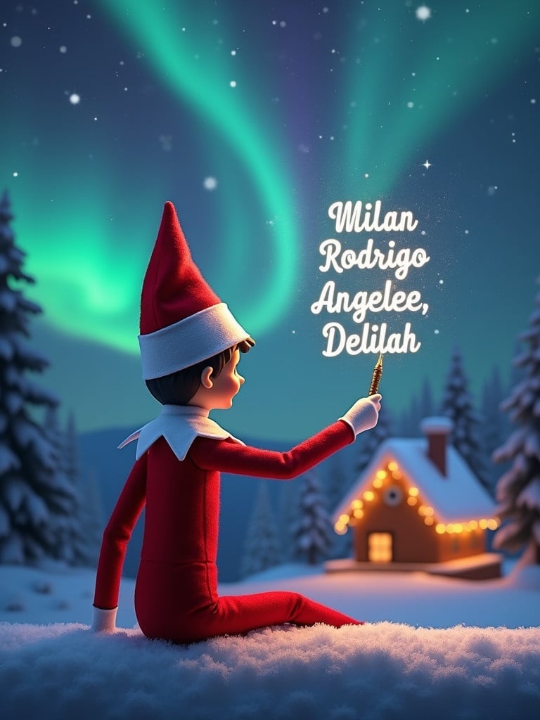 An elf sits with back turned towards viewer. Elf gazes upwards holding glowing wand. Colorful northern lights illuminate sky. Cozy house visible in distance. Snow covers ground. Elf embodies Christmas magic. Names ‘Milan, Rodrigo, Angellee, Delilah’ appear from wand.