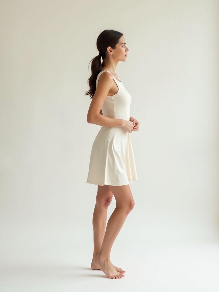 Woman stands gracefully in a minimalist setting. She wears a light form-fitting dress. Pose is slightly turned to the side. Clean lines of the outfit showcase simplicity of the background. Composition captures serene and refined aesthetic. Emphasizes natural beauty and elegance of the subject.