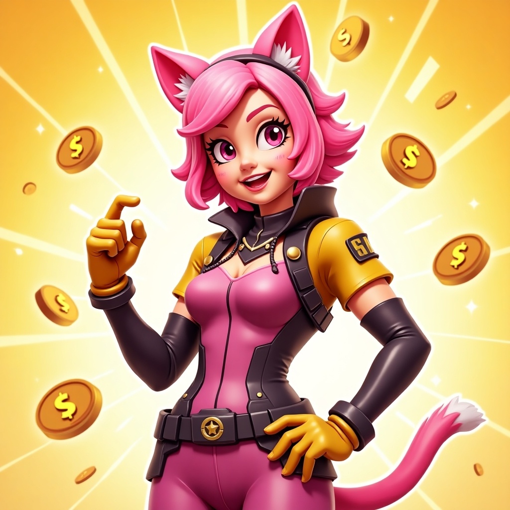 Vibrant animated character inspired by Fortnite skin. Playful pink hair and cat ears. Futuristic outfit conveying confidence. Surrounded by floating gold coins. Bright sunny background enhancing excitement. Design reflects gaming enthusiasts elements.