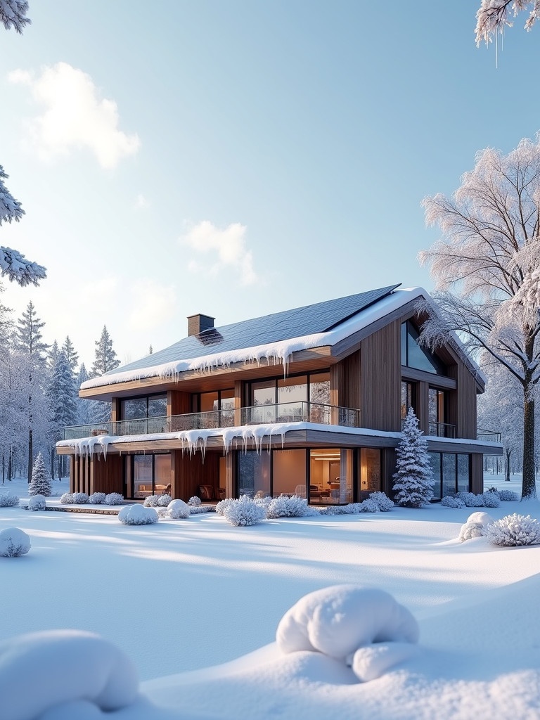 Luxury home during winter covered in snow. House features solar panels on the roof. Surrounding scenery includes snow-covered trees and a pristine landscape. The design of the home combines modern architecture with natural elements.