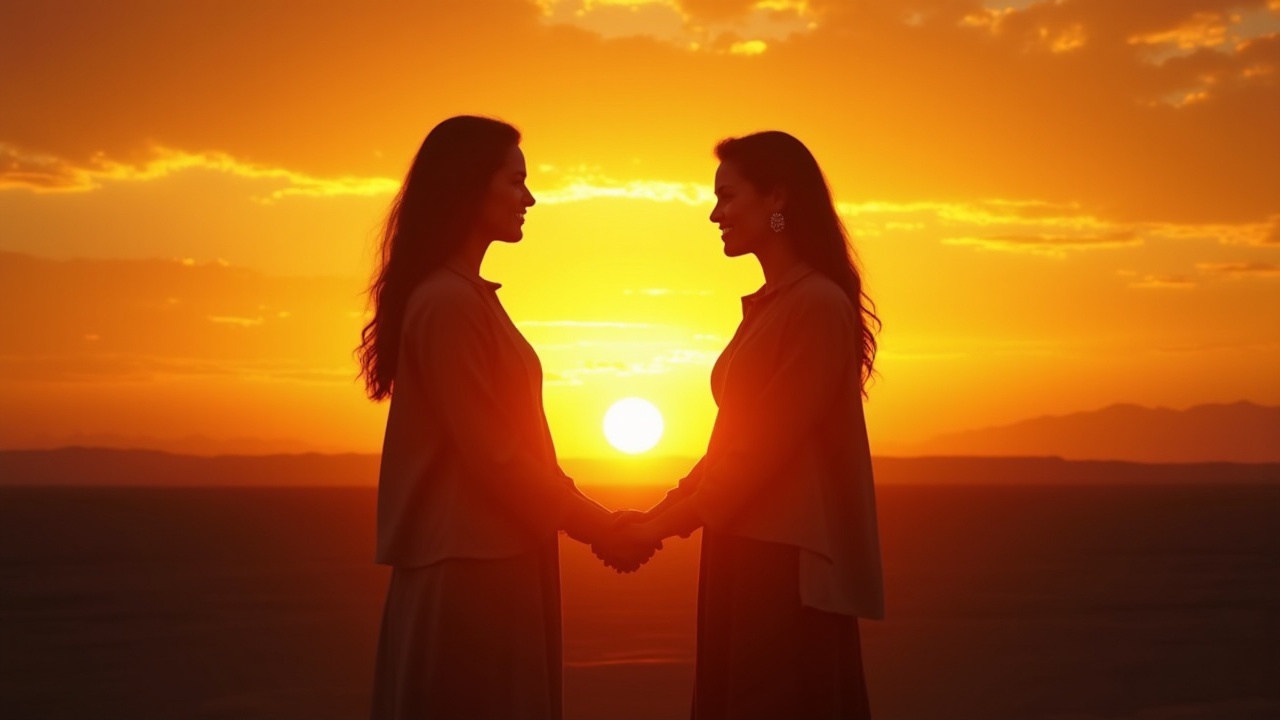 Two women holding hands at sunset, facing each other in silhouette, set against a vivid orange sky.