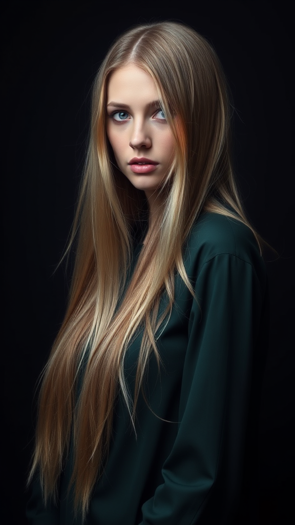 A woman with long, flowing blonde hair and piercing blue eyes gazes contemplatively against a dark, moody background.