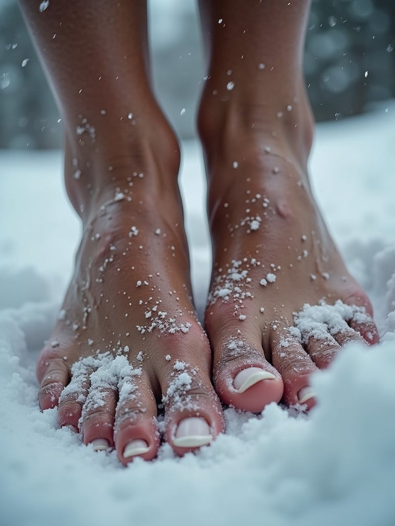 Close-up view of female feet in the snow icy texture visible on skin snowflakes visible on the feet feet appear dirty and wet against the white snow fishnet texture visible