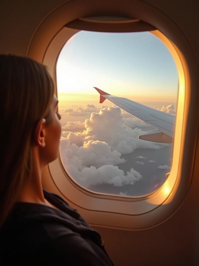 Person by airplane window. Warm sunlight illuminates the scene. Clouds visible over ocean. Aerial view through the window.