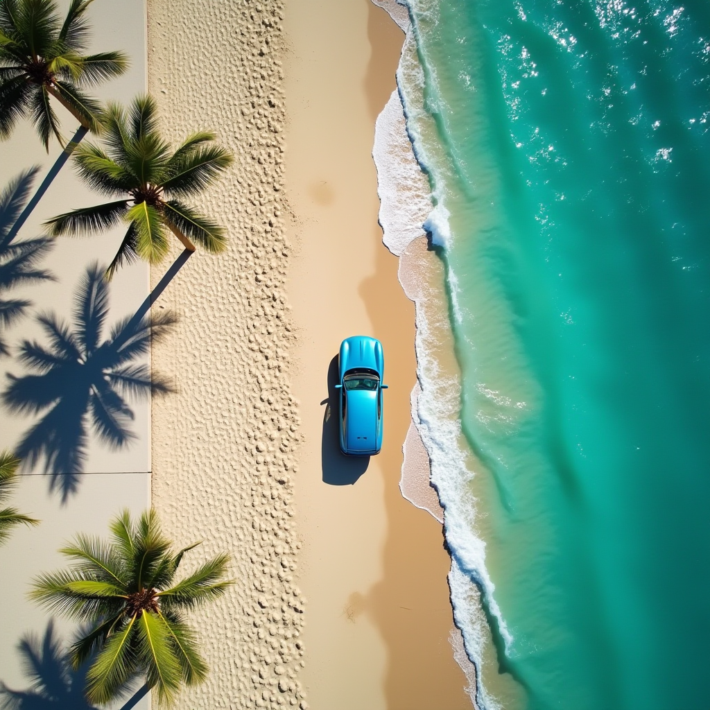 A blue car parked on a pristine sandy beach flanked by gentle ocean waves and lush palm trees.