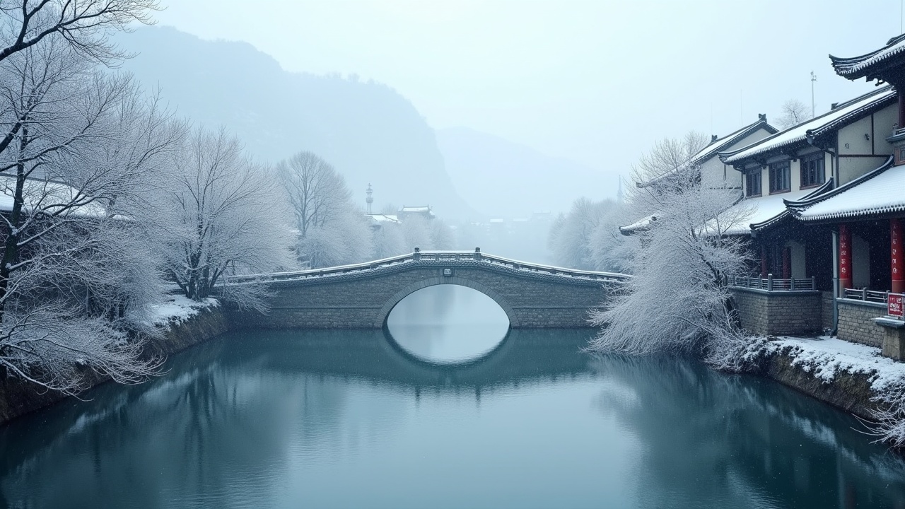 This image captures a picturesque Jiangnan water town during winter, where a gentle layer of snow blankets the scene. A small arch bridge spans over calm, flowing water, creating a lovely focal point. The surroundings are decorated with snow-covered trees, adding to the tranquil ambiance. In the background, distant mountains can be seen, enhancing the beauty of the landscape. The soft light casts a peaceful glow over the entire scene, providing a realistic and cinematic feel.