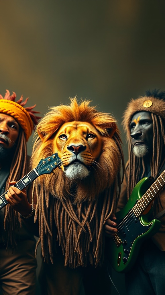 This image creatively blends fantasy and realism, featuring three anthropomorphic animals playing musical instruments. The central figure, a lion with a majestic mane resembling dreadlocks, is flanked by two other animals holding guitars. The background is a subtle gradient, placing focus on the vibrant musicians. The overall theme combines elements of wildlife with a musical motif, invoking a sense of whimsy and creativity.