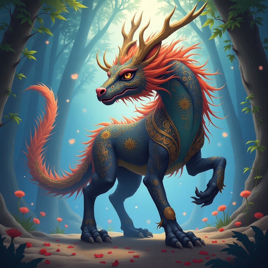 Colorful dragon-like creature in a mystical forest. Features intricate designs and vibrant colors. Soft lighting enhances the magical atmosphere. The creature is positioned prominently with a majestic stance.