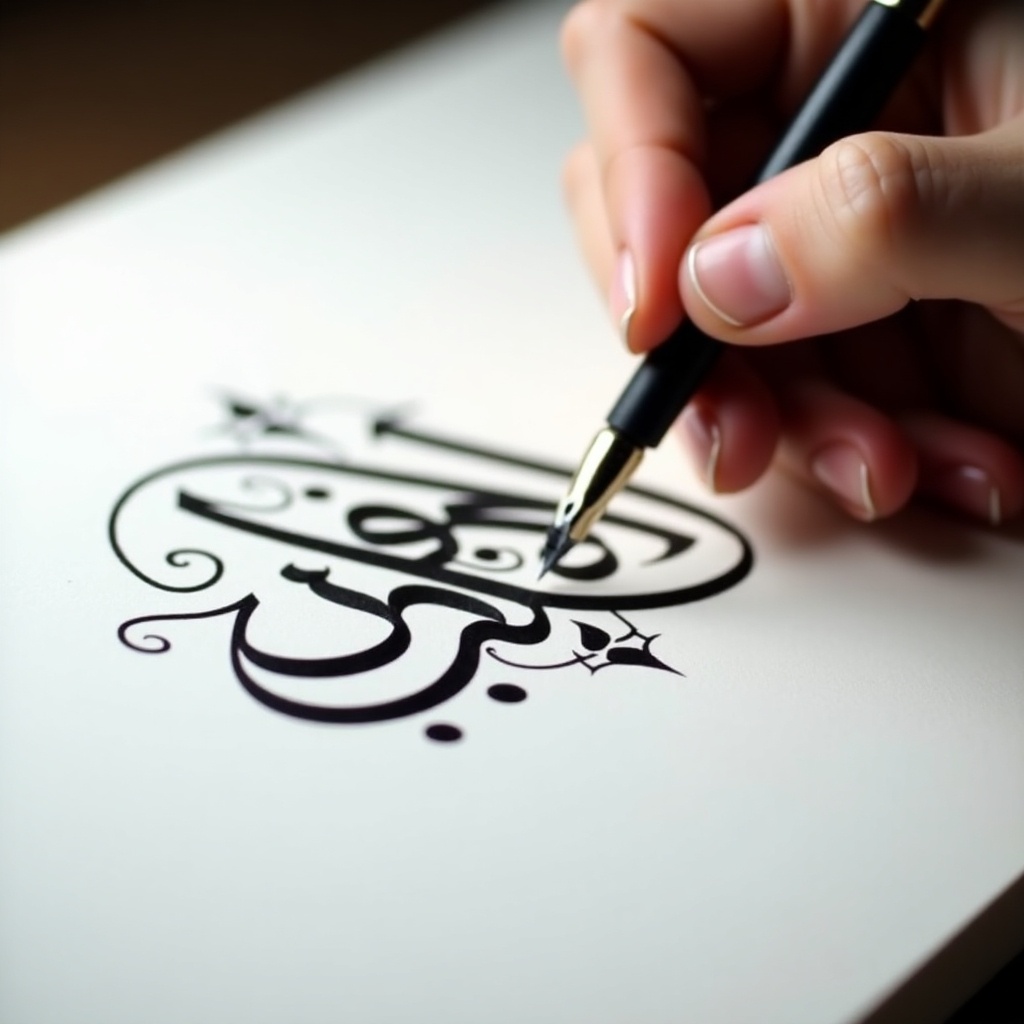 The image showcases the delicate process of creating Arabic calligraphy. A hand holds a pen poised above pristine white paper. The calligraphy reads 'سلامت داتڠ,' rendered in bold black ink. Intricate flourishes surround the calligraphic letters, adding artistic flair. Soft lighting accentuates the elegance and precision of the writing process. This scene encapsulates the beauty of Arabic calligraphy as an esteemed art form.