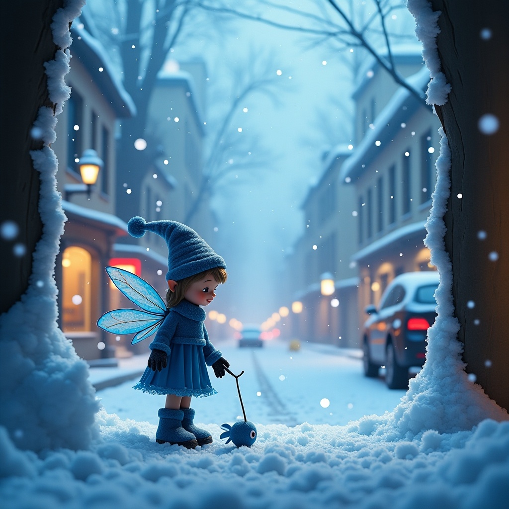 The scene depicts a charming pixie girl dressed in blue, standing in a snowy city street. She is holding a small fishing rod, leading a little blue creature. Snowflakes gently fall around her, creating a magical winter atmosphere. The street is lined with quaint houses and warm lights, enhancing the enchanting feel of the scene. Above, the name 'Katrina' is written in the sky, adding a whimsical touch to this serene moment. The overall feel is festive and joyful, perfect for holiday themes.