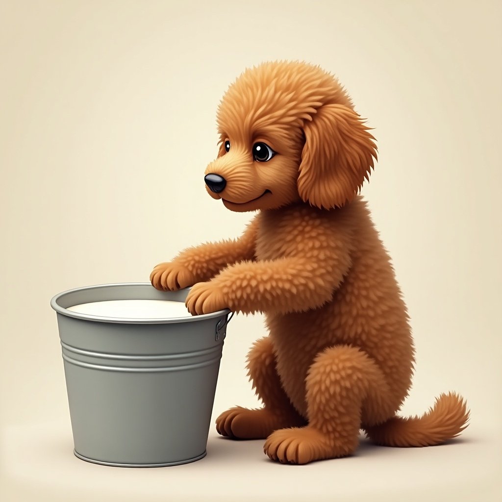 A cartoon-style illustration features a fluffy brown poodle puppy sitting on its hind legs. The puppy is curiously looking at a silver bucket filled with milk. Its fur is soft and has a playful texture, emphasizing its young age. The background is a light cream color, enhancing the warm tone of the image. The overall mood is cheerful and inviting, perfect for pet lovers and children alike.