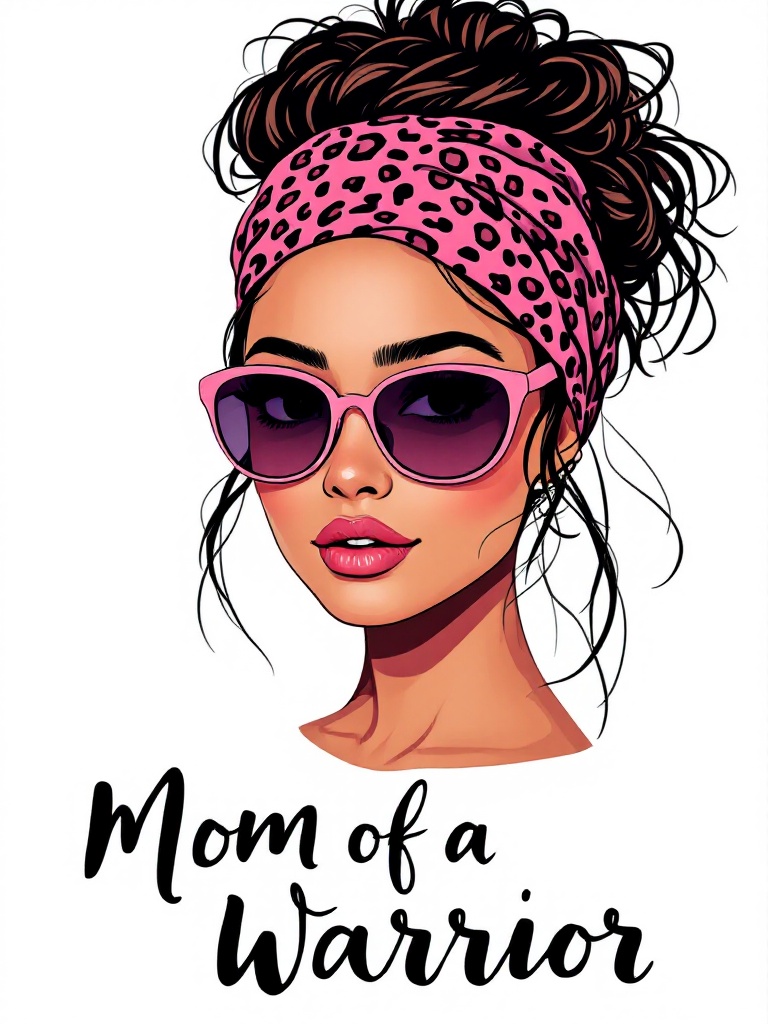 Stylish girl has a messy bun hairstyle. She wears a pink leopard patterned bandana and sunglasses. Image is isolated on a clean white background. Text 'Mom of a Warrior' appears below her in a handwritten font.