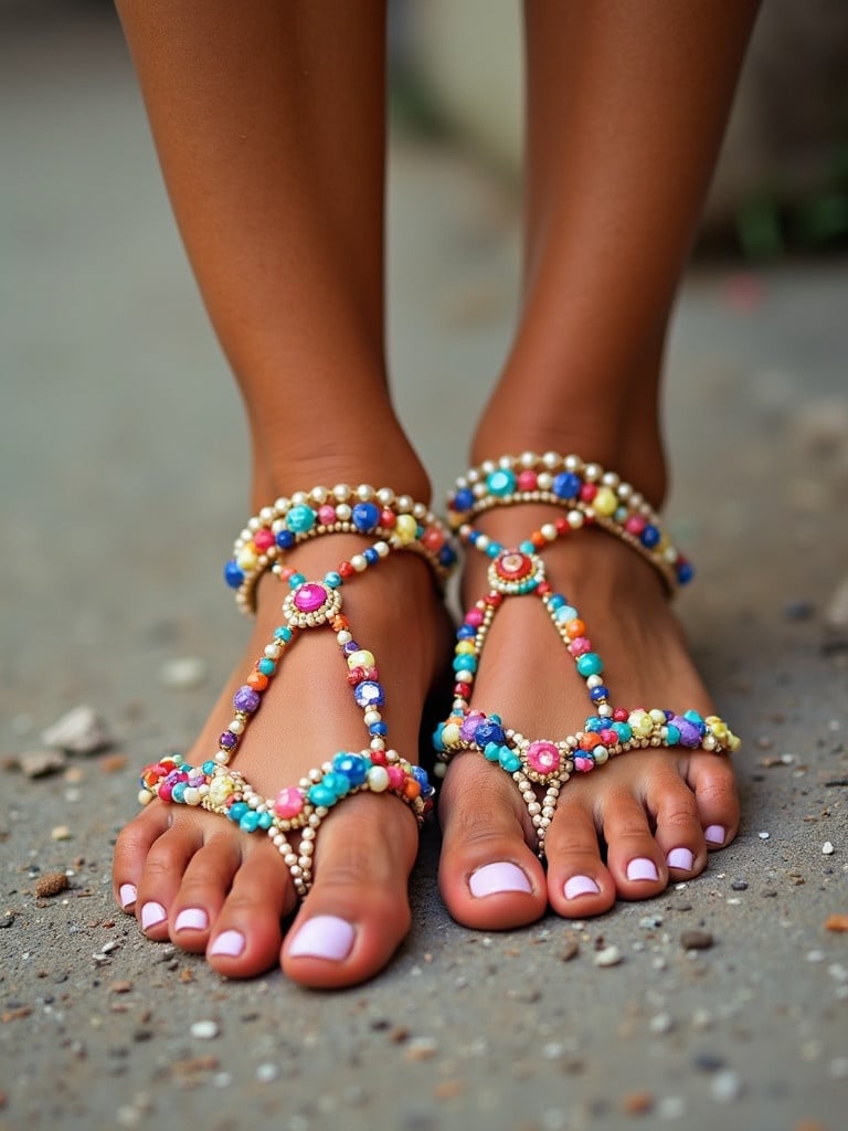 Close-up of colorful sandals worn outdoors. Polished toenails visible. Sandals adorned with beads in various colors. Feet positioned attractively on a textured surface.