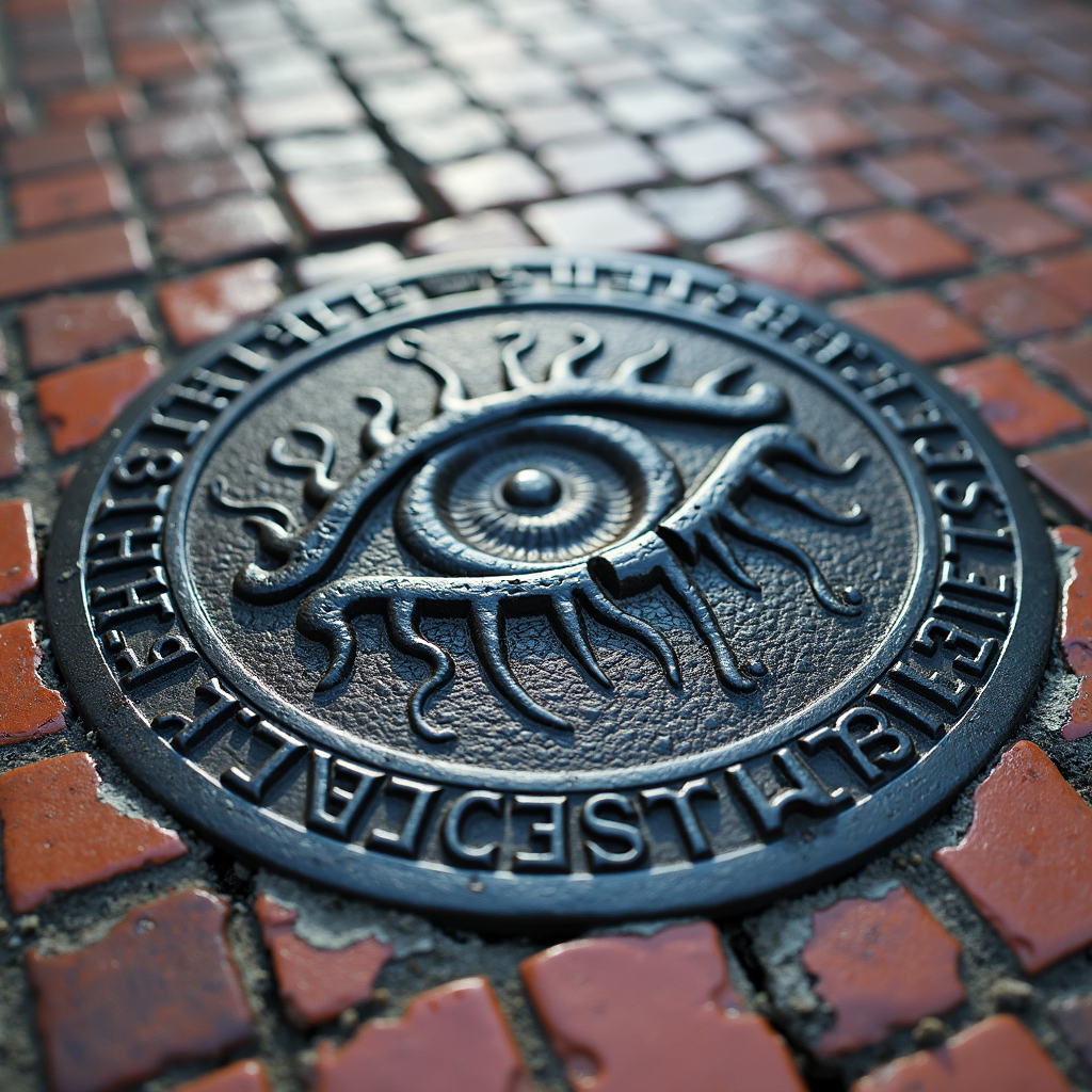 A carved metal disc with an eye design is placed on a brick pavement.