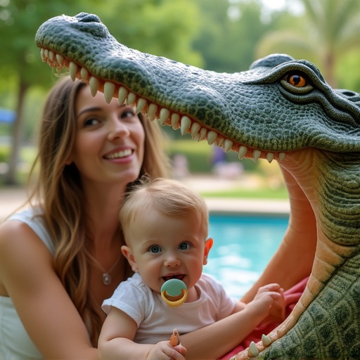 Mother plays with child using alligator figure. Child fits inside lifelike alligator's mouth. Child holds oversized pacifier. Bright outdoor park setting. Sunny day, greenery in background.