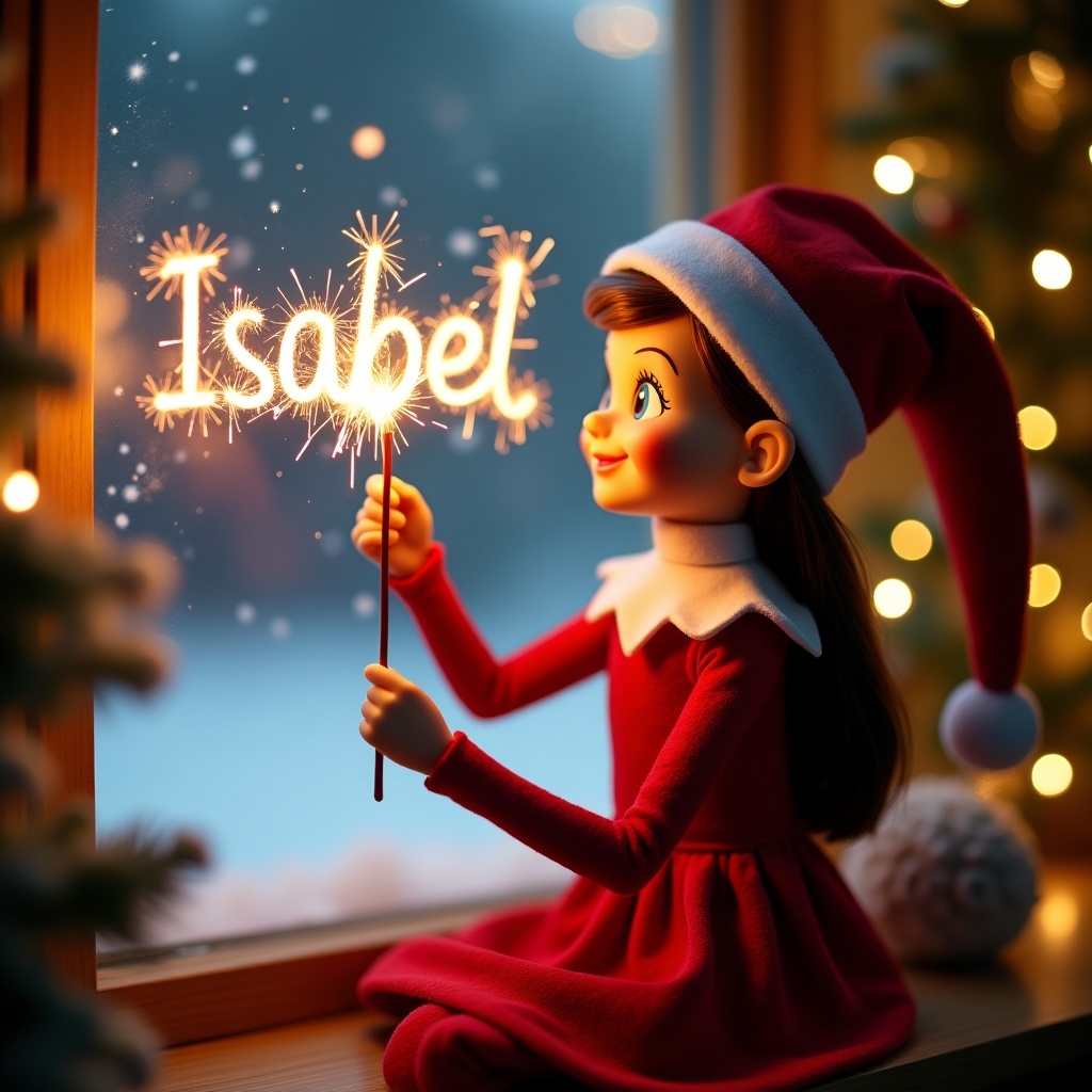 A cheerful female elf on the shelf is writing the name 'Isabel' in the night sky using a sparkler. She is dressed in a festive red dress and a matching festive hat. The background depicts a cozy North Pole environment, with soft snow visible through a window. The scene is illuminated with warm lights, creating a magical holiday atmosphere. The elf's expression radiates joy and wonder, perfect for capturing the spirit of Christmas.