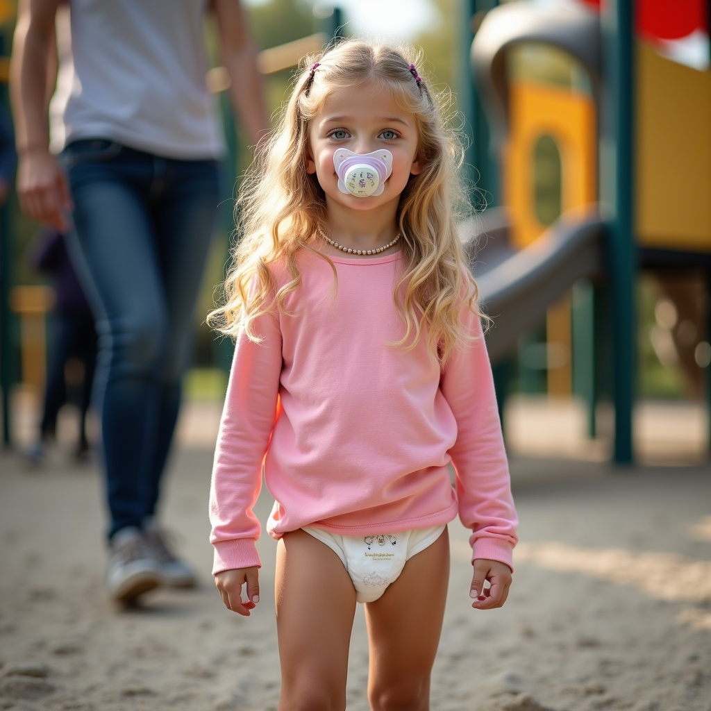 The image depicts a seven-year-old girl with long blond hair and emerald green eyes, standing confidently at a playground. She is wearing a long sleeve pink t-shirt and a diaper, with a pacifier in her mouth. The scene captures her playful spirit while her parents are visible in the background. The playground equipment is vibrant and shows a typical outdoor setting for children. The sunlight enhances the cheerful atmosphere, making it ideal for a delightful day of family fun.