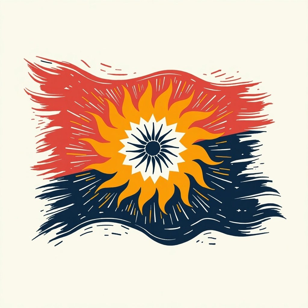 Stylized representation of the Indohaven Design flag. The flag features vibrant colors and a unique sun symbol at the center. The design has an artistic, textured quality that suggests movement and dynamism. The flag's colors include red, orange, yellow, and blue, creating a bold visual impact.